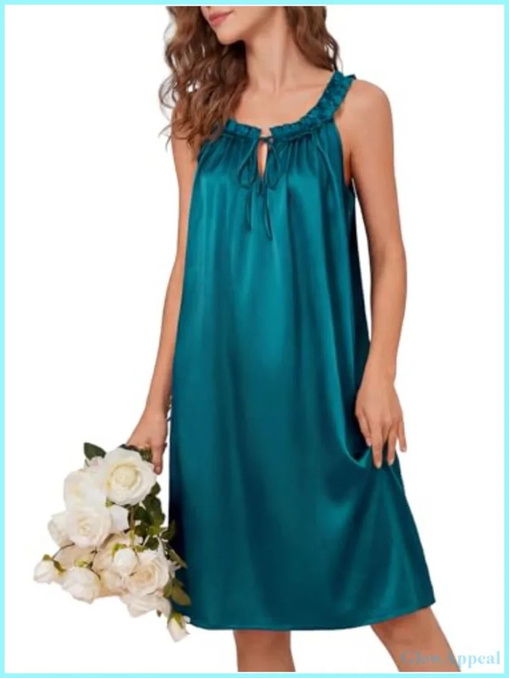 Silky Satin Sleeveless Chemise Ruffle Neck Tie Keyhole Sleep Dress